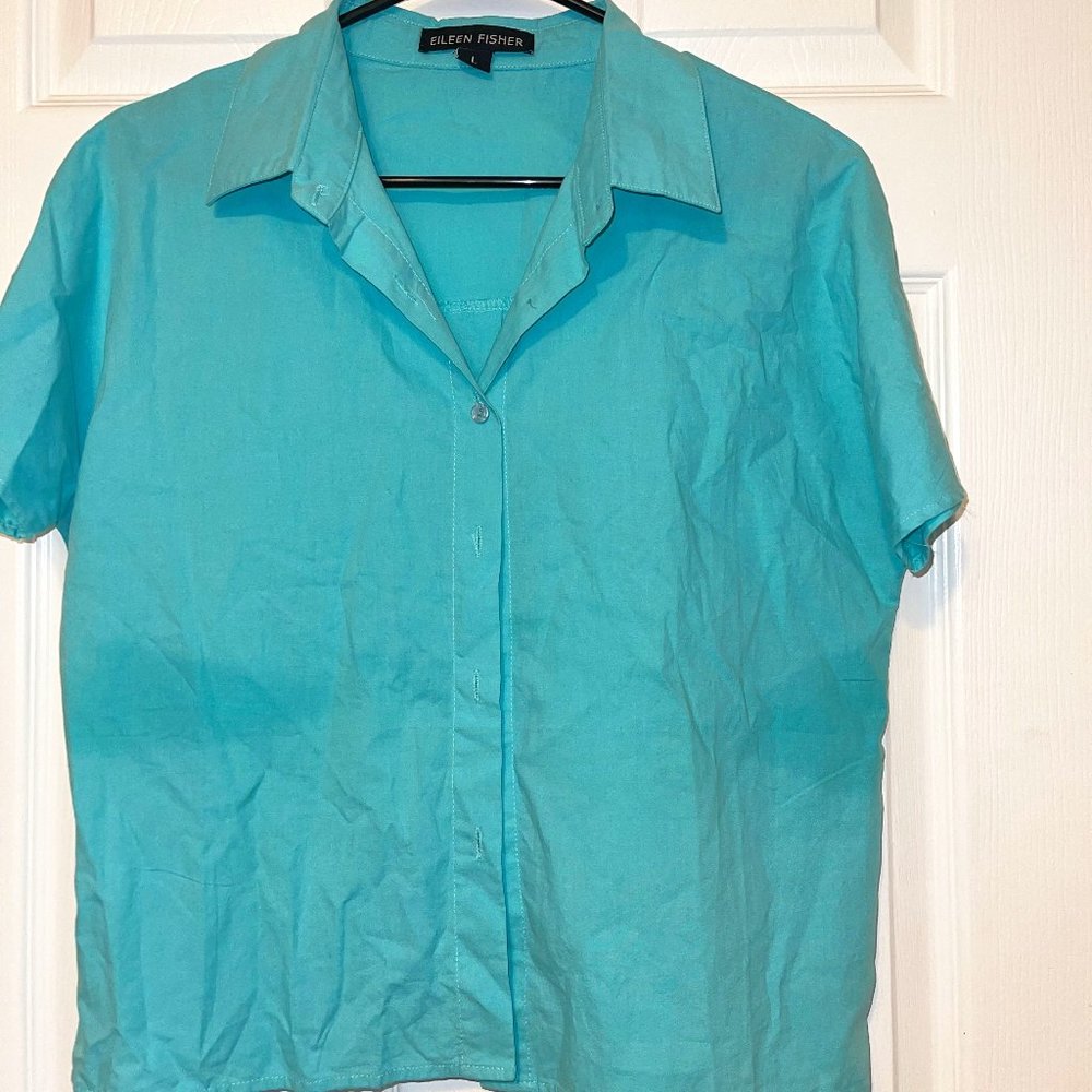 EILEEN FISHER Turqouise Woman's Spring/Easter Button-Up Short-Sleeve Blouse Larg
